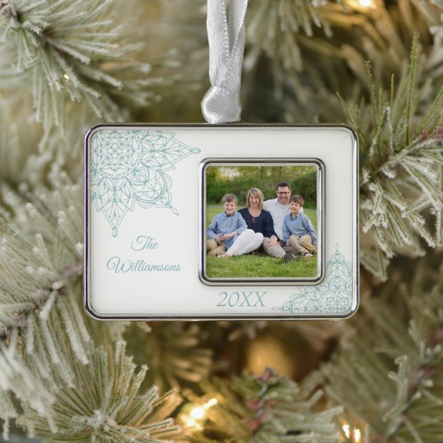 Elegantes Winter-Snowflake Design in Aqua Rahmen-Ornament Silber (Baum)