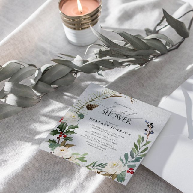 Elegantes Winter Watercolor Brautparty Einladung (Join us in a wonderland of botanical bliss to shower the bride-to-be.)