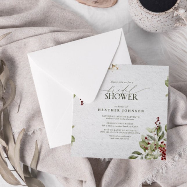 Elegantes Winter Watercolor Rotes Berry Brautparty Einladung (Join us in a winter wonderland of botanical bliss to shower the bride-to-be.)