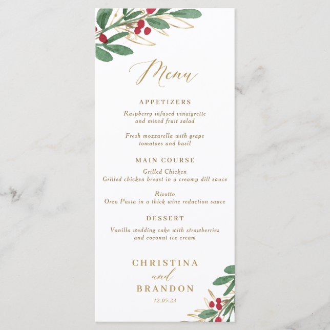 Elegantes Winter Wedding Menu oder Weihnachtsmenü Menükarte (Vorderseite)