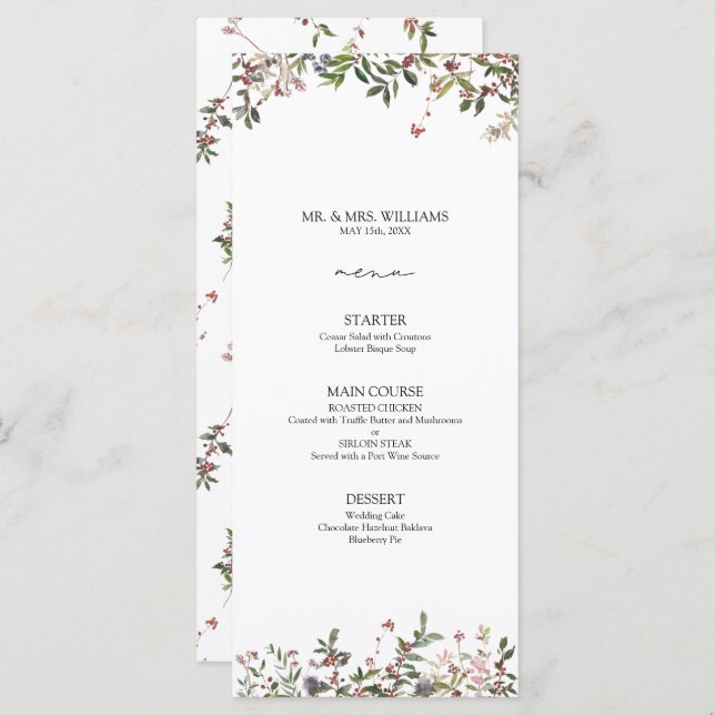 Elegantes Winter Wildblume Berry Wedding Menu Menükarte (Vorne/Hinten)