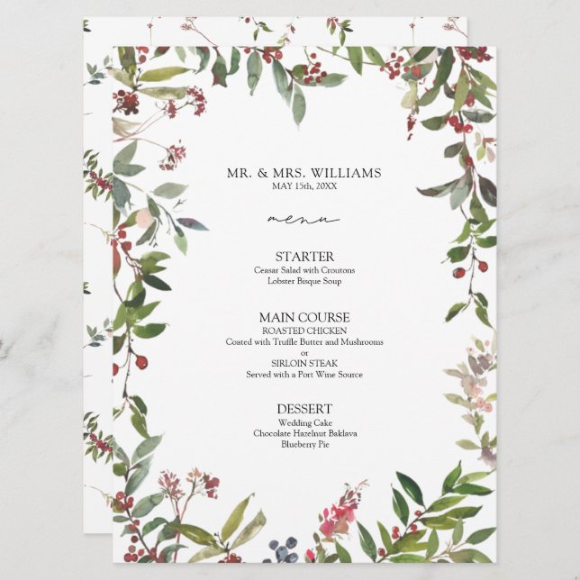 Elegantes Winter Wildblume Berry Wedding Menu Menükarte (Vorne/Hinten)