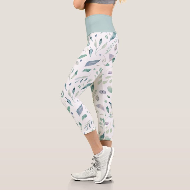 elegantes winterblaues Blattwerk Capri Leggings (Links)