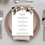 Elegantes Winterpeonies und Hochzeitsmenü aus Blat Menükarte<br><div class="desc">Mit Monogramm Empfang-Speisekarte mit  Hochzeitstexten,  mit wunderschönen Blume aus Weiß und Elfenbein und grünen Bouquets mit saisonalem Laub,  Ästen,  Nadelkronen und Blätter.                   Ideal für Ihre winterbotanischen Hochzeiten.              Für koordinierte Hochzeitsartikel lesen Sie bitte die gesamte Sammlung unter dem Hauptbild.</div>