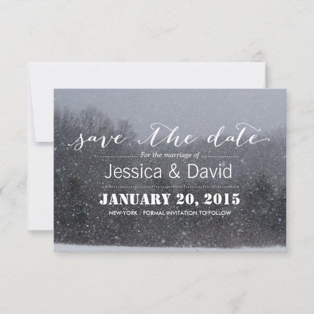 Elegantes Winterschnee-Thema Save the Date (Vorderseite)