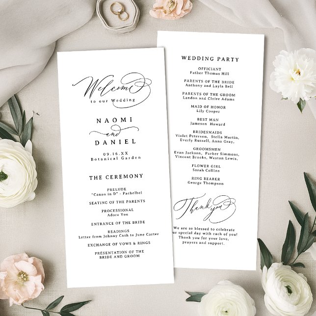 Elegantes Wirbel-Script Einfaches Hochzeitsprogram Menükarte (Elegant Swirl Script Simple Wedding Program)