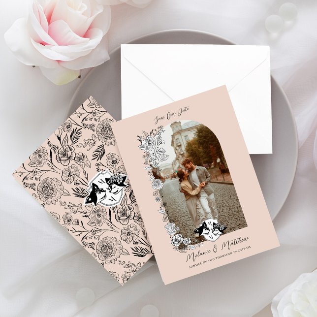 Elegantes Woodland Fox Blumengestelle Foto Save The Date (Elegant Woodland Fox Floral Sketch Fairytale Save The Date)