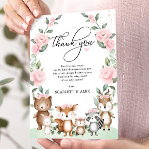 Elegantes Woodland Tiere Rosa Blush Floral Baby Dankeskarte