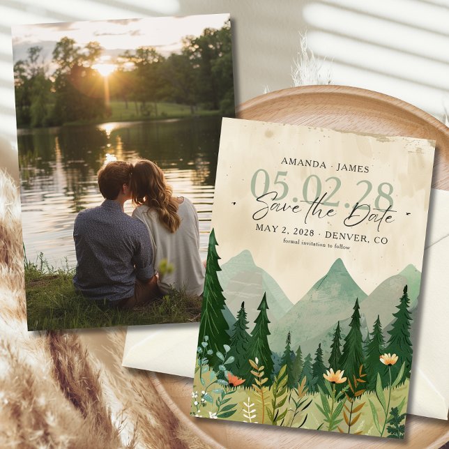 Elegantes Woodland und Mountain Foto Save the Date Einladung (Von Creator hochgeladen)