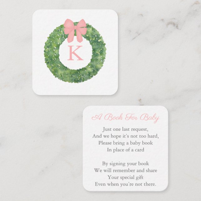Elegantes Wreath Pink Bow Baby Shower Book for Bab Begleitkarte (Vorne/Hinten)