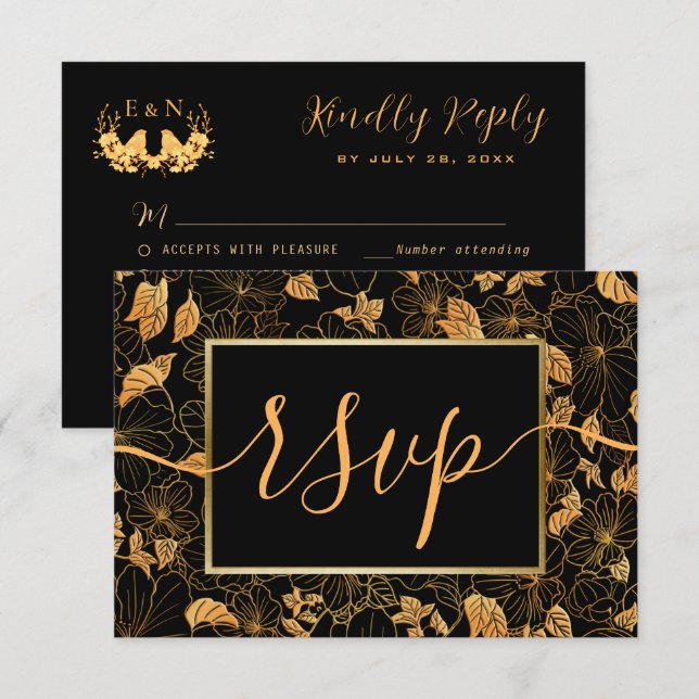 Elegantes, wunderschönes Black & Gold Foliage-UAWG RSVP Karte (Vorne/Hinten)