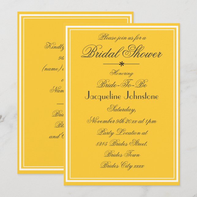 Elegantes Yellow Chic Classy Script-Brautparty Einladung (Vorne/Hinten)