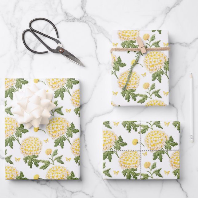 Elegantes Yellow Hydragea-Blume-Muster Geschenkpapier Set (Vorderseite)