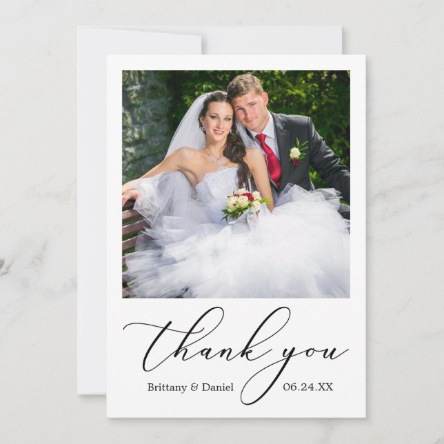 Elegantes zartes Calligrafy Script-Foto Hochzeit Dankeskarte (Vorderseite)