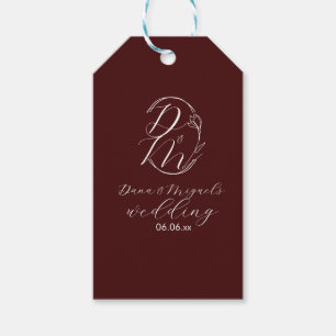 Elegantes zartes florales Hochzeitslogo Tiefburgun Geschenkanhänger