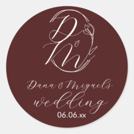 Elegantes zartes florales Hochzeitslogo Tiefes Bur Runder Aufkleber