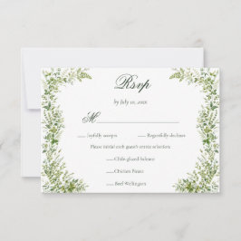 Elegantes, zartes, grünes Botanik-Hochzeitsmenü RSVP Karte