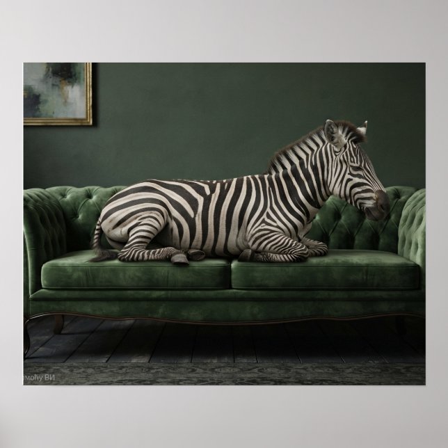 Elegantes Zebra auf grünem Veloursofa Poster (Vorne)