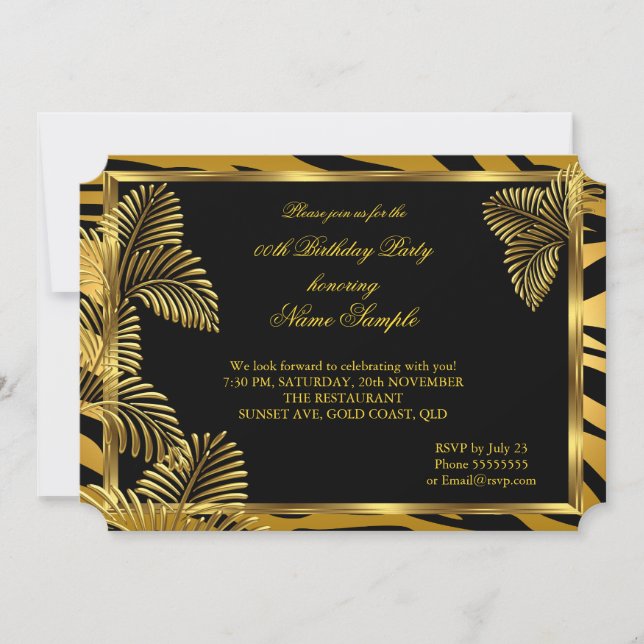 Elegantes Zebra Black Gold Golden Palm Party Einladung (Vorderseite)