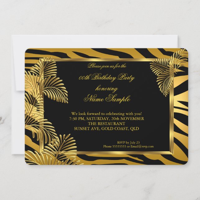 Elegantes Zebra Black Gold Golden Palm Party Einladung (Vorderseite)