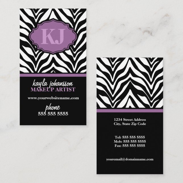 Elegantes Zebra-Druck-Monogramm Visitenkarte (Vorne/Hinten)