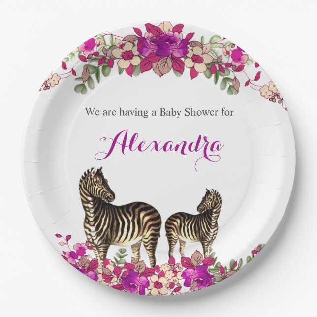 Elegantes Zebra Pink Floral Baby Shower Party Pappteller (Vorderseite)