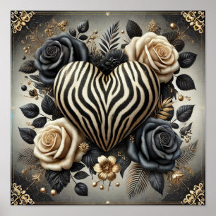Elegantes Zebra Print Heart & Rose Poster