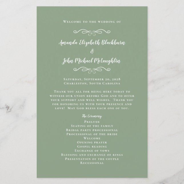 Elegantes Zeremoniell-Programm für Hochzeitssagen (Vorderseite)
