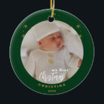 Elegantes zweiseitiges Foto von My First Christmas Keramik Ornament<br><div class="desc">Einfach und prächtig in goldenem Ton mit einem weißen festlichen Urlaubsskript dieses zweiseitige My First Christmas mit Baby's Foto. Ersetzen Sie durch Ihr Foto,  Ihren Namen und das Jahr der Wahl. Genießen Sie die Jahreszeit!</div>
