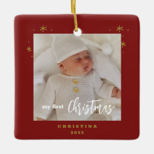 Elegantes zweiseitiges Foto von My First Christmas Keramikornament