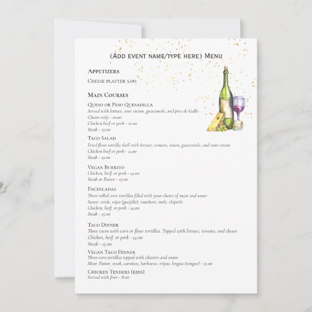 Elegantes zweiseitiges MENU-Template Weinkäse Einladung (Vorderseite)