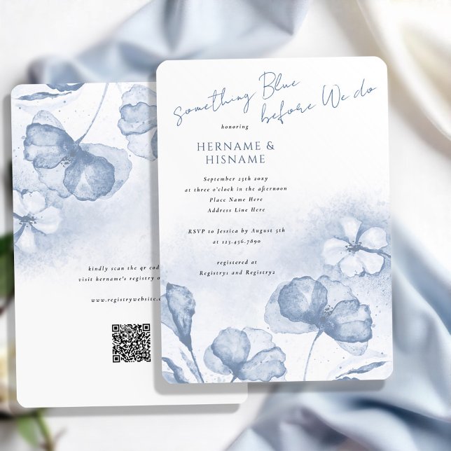 Eleganties Blue Floral QR Brautparty Einladung (Von Creator hochgeladen)
