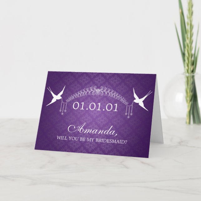 Eleganto be My Bridesmaid Birds & Diamonds Lila Einladung (Vorderseite)