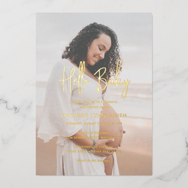 Eleganto Modern Hello Baby Foto Baby Shower Gold Folieneinladung (Vorderseite)