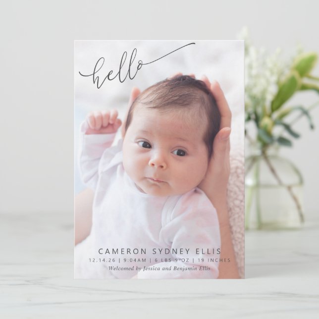 Eleganto Modern Minimalistisch Hello Baby Foto Bir Ankündigung (Stehend Vorderseite)