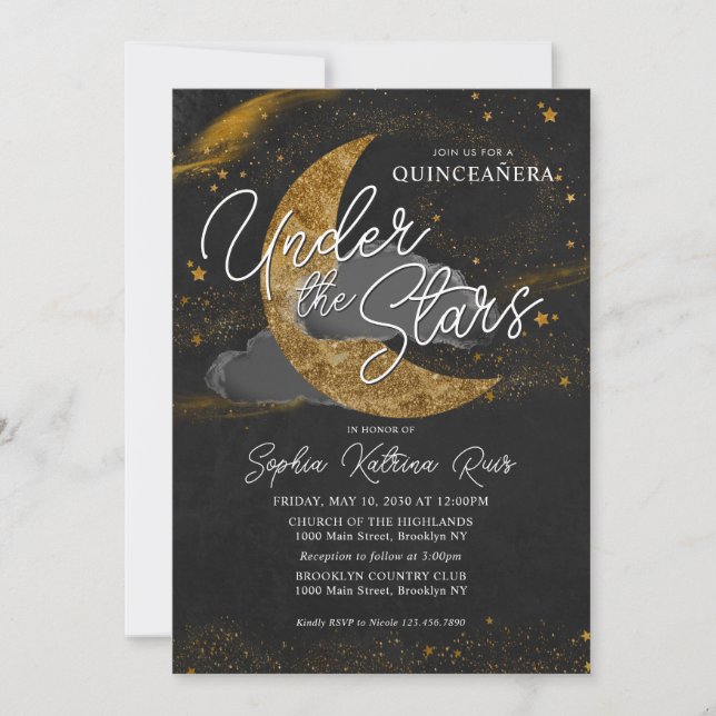 Eleganto Under the Stars Gold Moon Glam Quinceaner Einladung (Vorderseite)