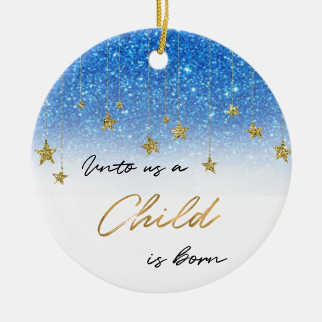 Eleganto Us Scripture Blauer Glitzer Weihnachten Keramik Ornament (Vorne)