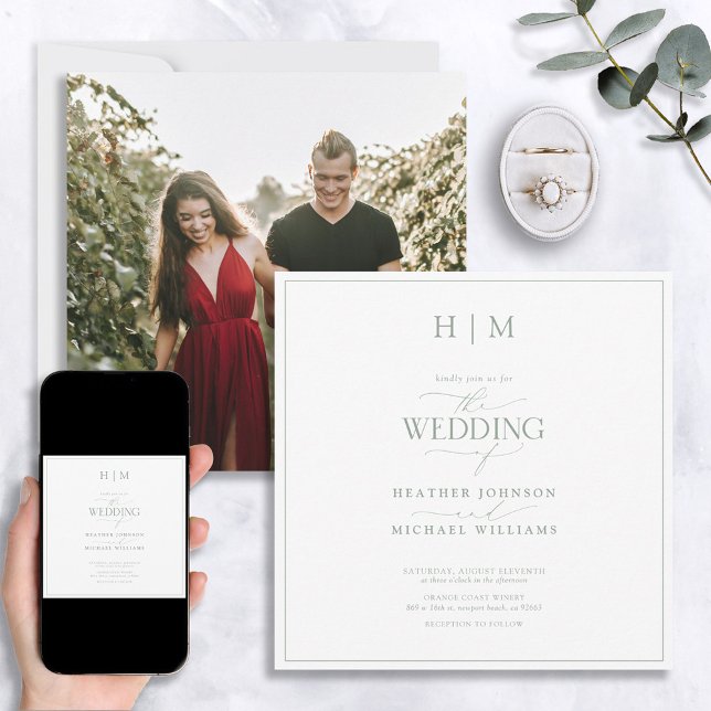 Elegantsage Green Calligraphy Monogram Foto Einladung (Von Creator hochgeladen)