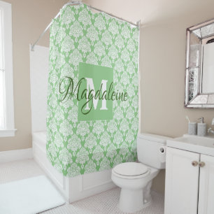 Elegantsage Green Damask Monogramm und Name Duschvorhang