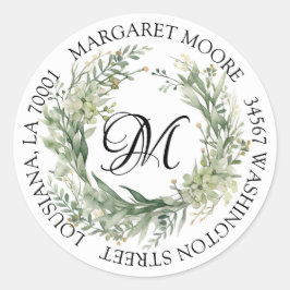 Elegantsage Green Floral Script Monogram Address Runder Aufkleber