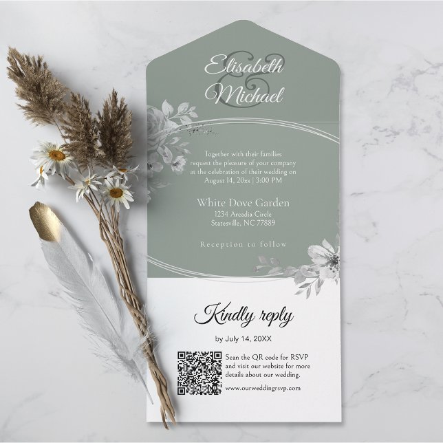 Elegantsage Green QR Code Monogram Wedding RSVP All In One Einladung (All-in-one wedding invitation with QR code to RSVP - Simplify and save time for you and your guests.)