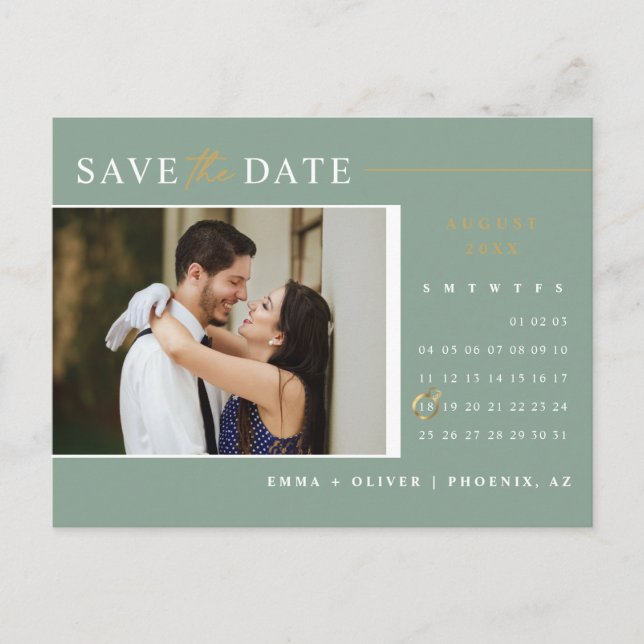 Elegantsage Green Save the Date Kalender QR-Code Postkarte (Vorderseite)