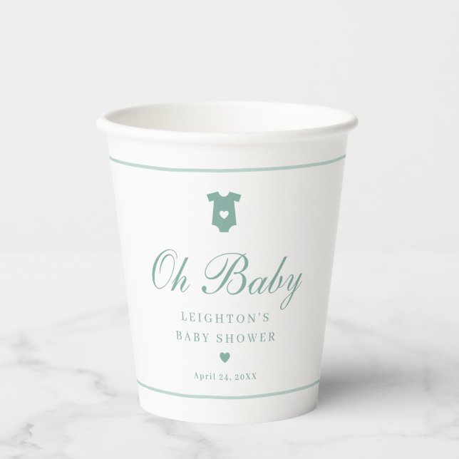 Elegantsage Green Script Oh Baby Shower Pappbecher (Vorderseite)