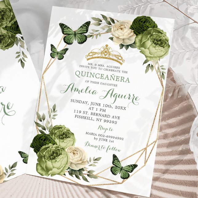 Elegantsage Grüner Blütenschmetterling Quinceañera Einladung (Von Creator hochgeladen)