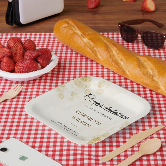 ElegantScript Retirement Party Gold Confetti Gast Pappteller (Picknick)