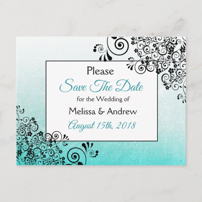 ElegantTeal und Black Script Wedding Save the Date Ankündigungspostkarte (Vorderseite)