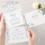 Eleganweiß mit Blauer Blüte und Kalligraphie All In One Einladung<br><div class="desc">Elegante All-in-One Hochzeitseinladung mit perforierter UAWG-Postkarte. Design mit zartem Aquarell mit Blume in Weiß und einigen blauen Farbtönen, die Ihre Hochzeitsdetails umrahmen. Moderne handgeschriebene Kalligrafieelemente. Umweltfreundlich, da keine zusätzlichen Beilagen, RSVP-Karten oder sogar Umschläge nötig sind, hat diese Einladung alles! Die Möglichkeit, sowohl Hochzeitsfeier und Empfang Details hinzuzufügen, als auch UAWG...</div>