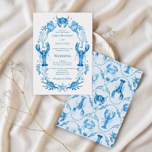 Eleganz am Meer Blaue Aquarell-Küstenhochzeit  Einladung