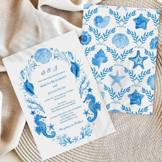 Eleganz am Meer Blaue Küsten-Aquarell-Hochzeit Einladung