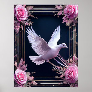 Eleganz der weißen Taube mit rosa Rosen Poster